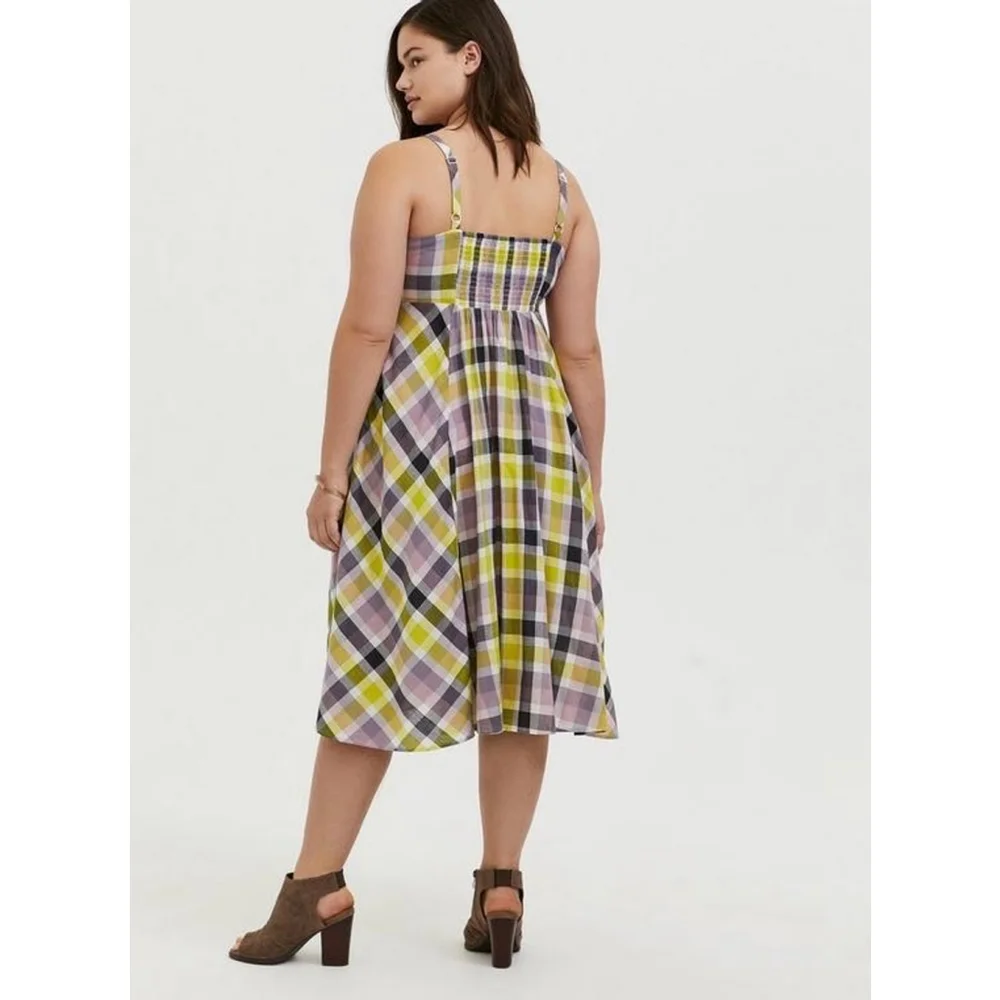 Torrid Plaid Challis Button Front Midi Dress Size 3 Yellow Purple - Picture 3 of 7
